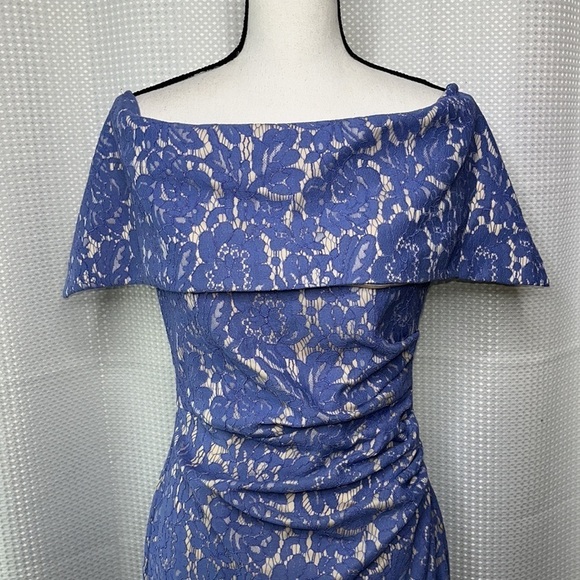 Vince Camuto Dress Off Shoulder Lace Periwinkle Blue Size 6 Pencil Skirt - Picture 4 of 16